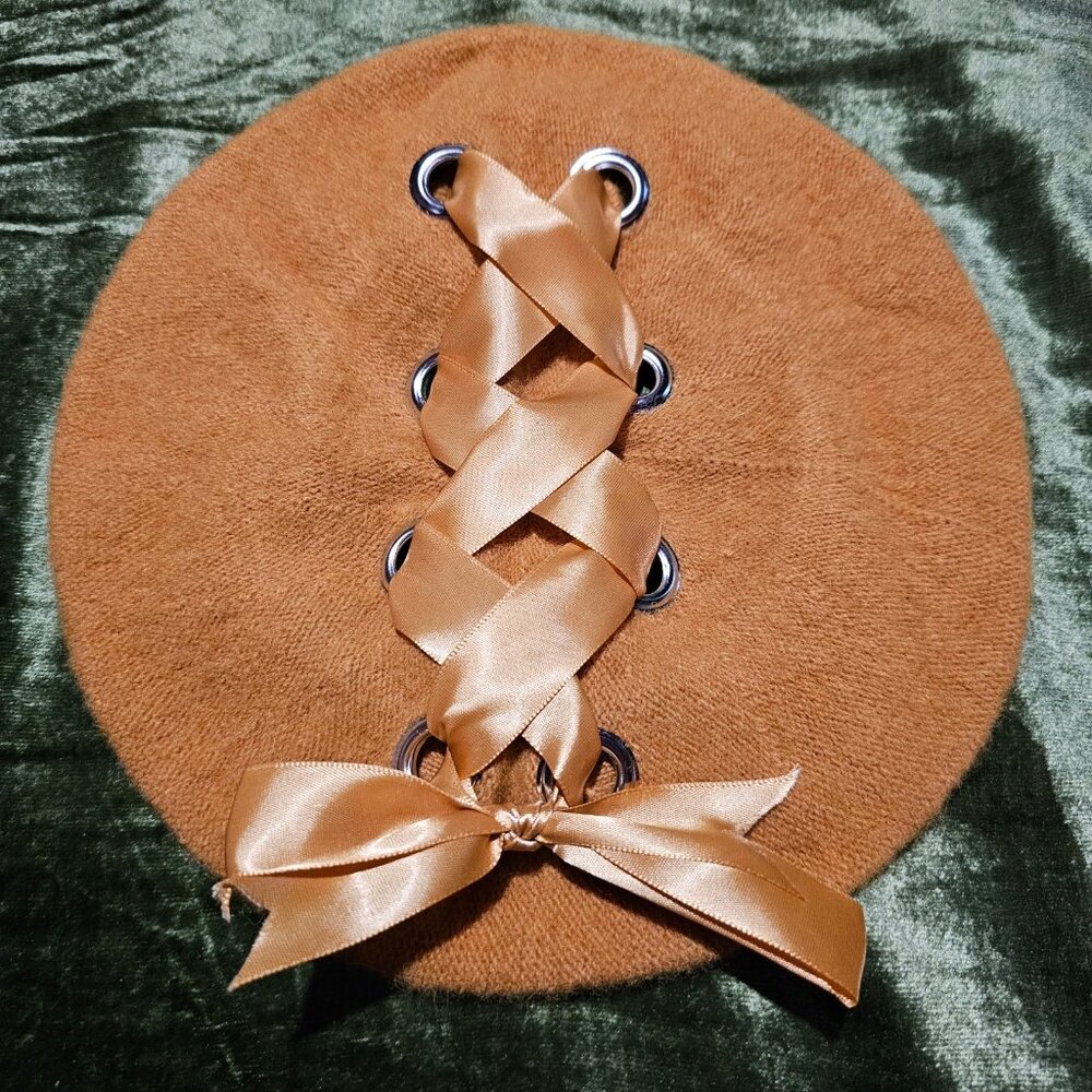 Ribbon bow accent lace up camel caramel color beret